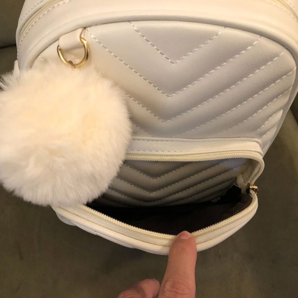 NWOT Mini Backpack Pom Cute Small Backpack Purse Vegan Leather White Cream Bag - Picture 5 of 16
